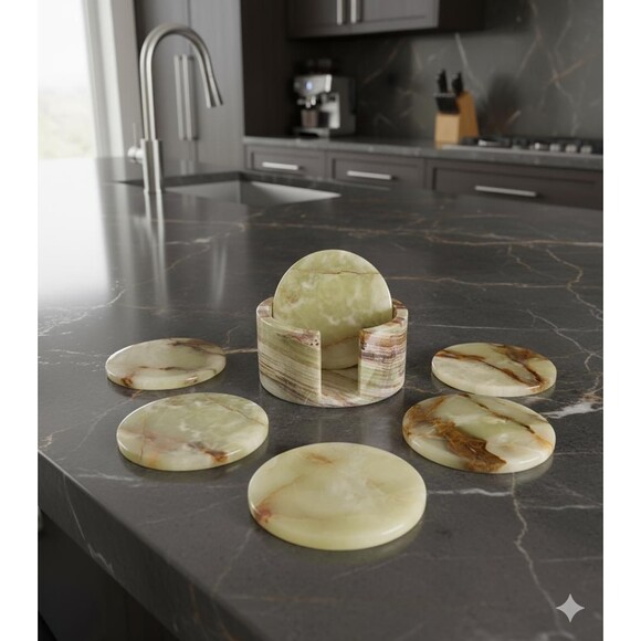 Onyx Coaster Set with Holder | Natural Stone Coasters | Marble Drink Coasters - Picture 5 of 12